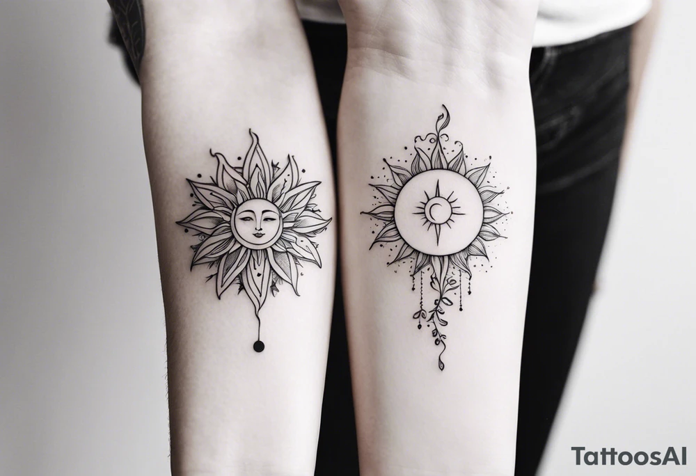 Matching friend tattoos, moon and sun, floral, vines, very small and minimal tattoo idea
