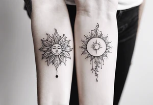 Matching friend tattoos, moon and sun, floral, vines, very small and minimal tattoo idea