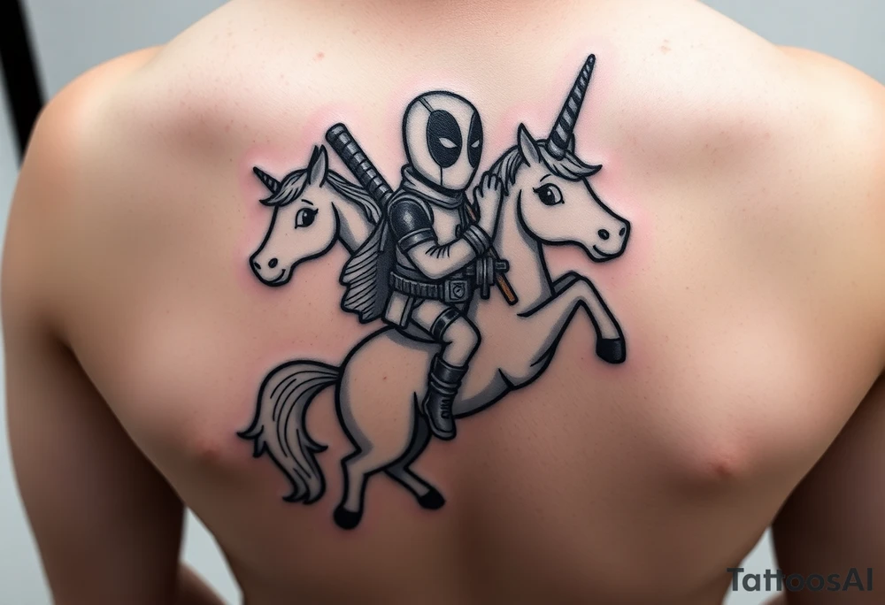 Deadpool riding unicorn holding rpg tattoo idea