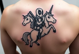 Deadpool riding unicorn holding rpg tattoo idea