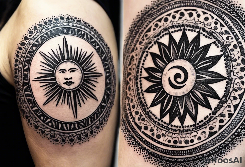 Filipino sun, Filipino Polynesian style, surname Reyes Espina, not vulgar, family crest round shape that looks good on a wrist or bicep, not traditional American tribal, family, love tattoo idea