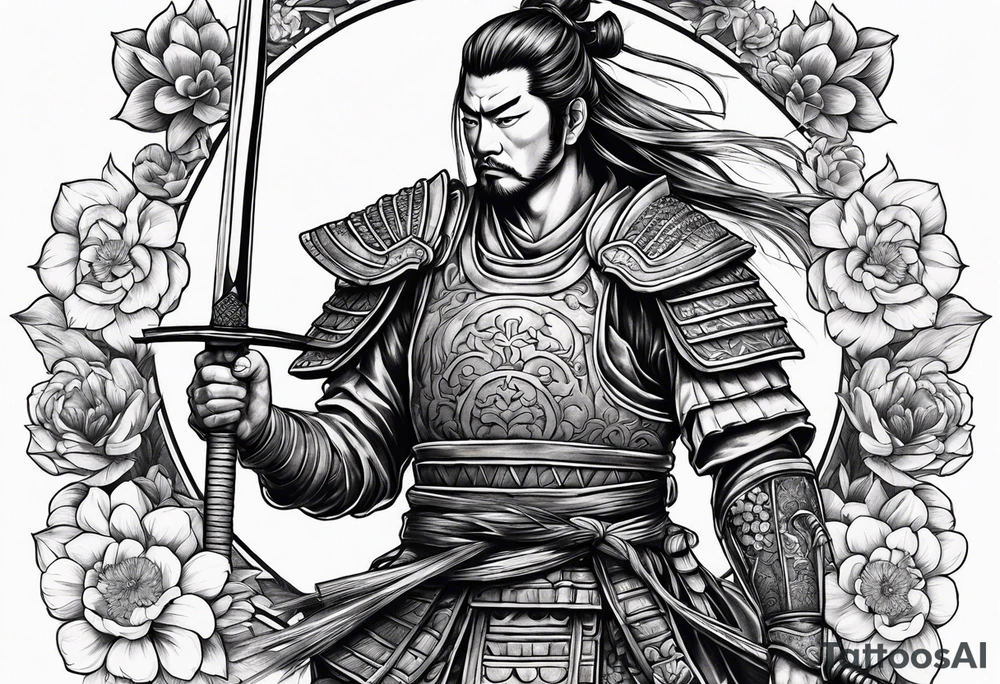 Samurai holding a sword along with flowers within a roman theme tattoo idea