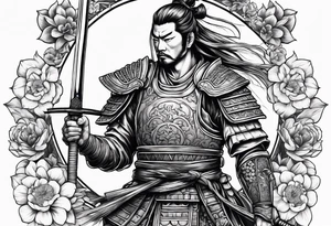 Samurai holding a sword along with flowers within a roman theme tattoo idea