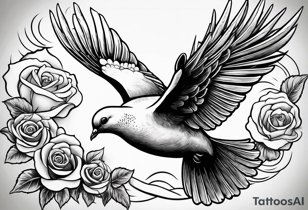 A dove flying through the clouds with roses intertwined in its wings tattoo idea