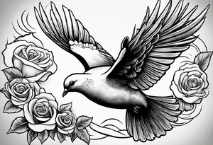 A dove flying through the clouds with roses intertwined in its wings tattoo idea