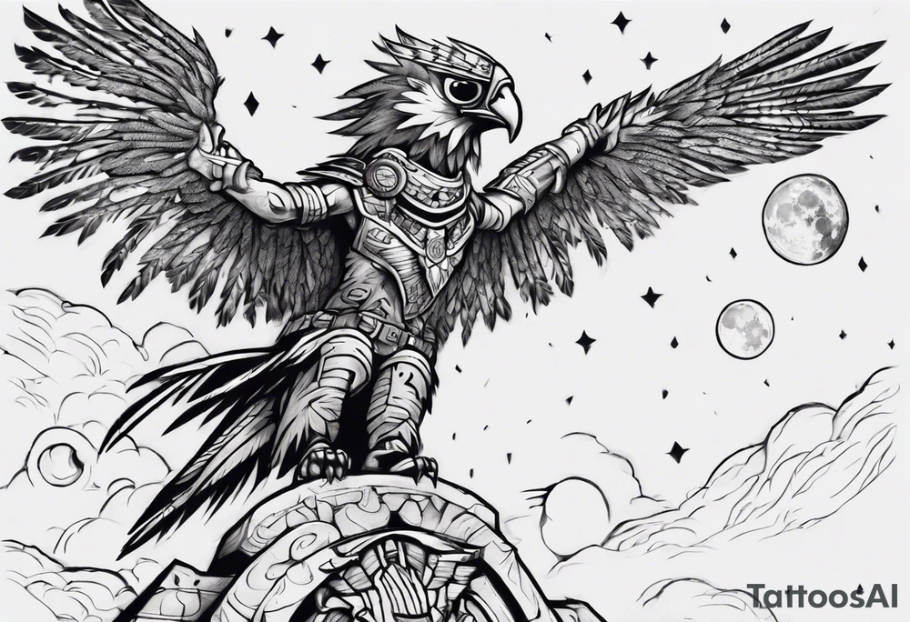 Aztec warrior gazing at the night sky in the moonlight as a harpy eagle flys by dark aesthetic tattoo idea