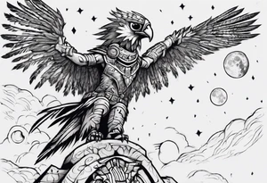 Aztec warrior gazing at the night sky in the moonlight as a harpy eagle flys by dark aesthetic tattoo idea
