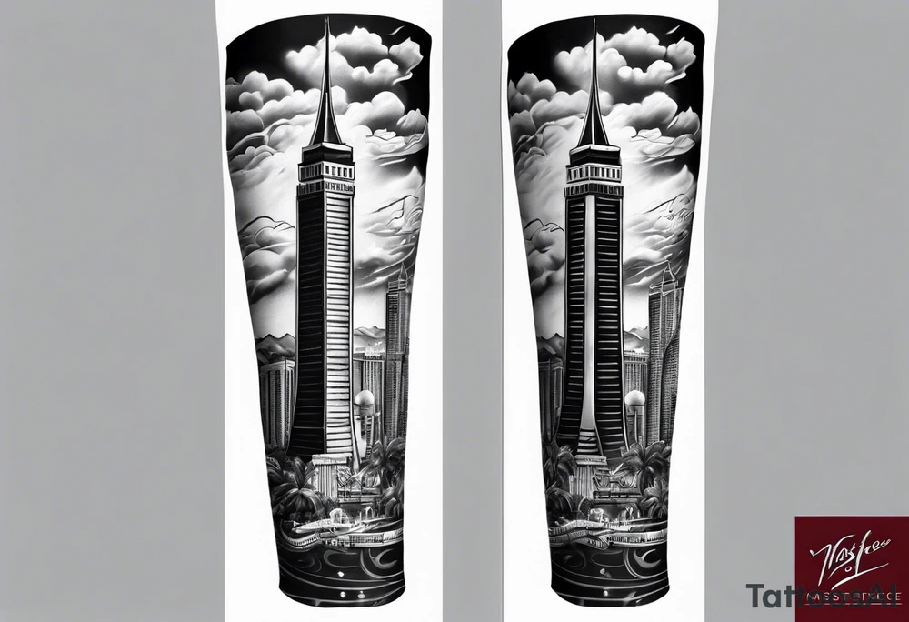 Las Vegas sky line arm sleeve tattoo idea