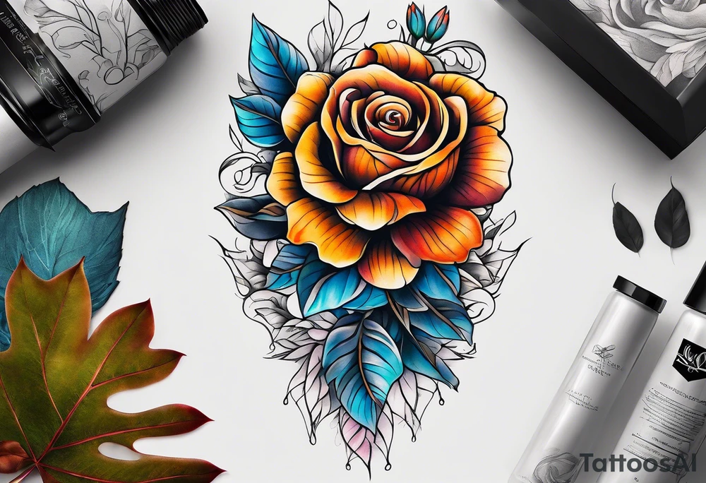 Front knee tattoo with fall colors, small flowers, rose, leaves, blue water flows with washes and background tattoo idea