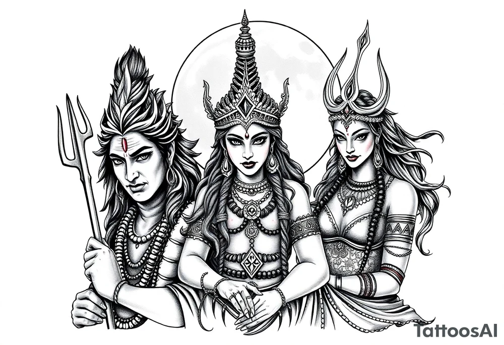 Lord Shiva, Godess Kali, Godess Lilith Together with the moon in the background tattoo idea