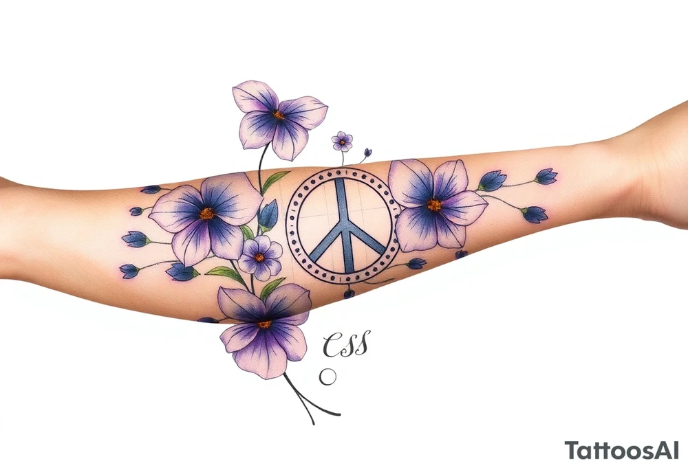 Violets, peace symbol, Pisces symbol, dog prints, amethyst, initials csb in cursive font tattoo idea