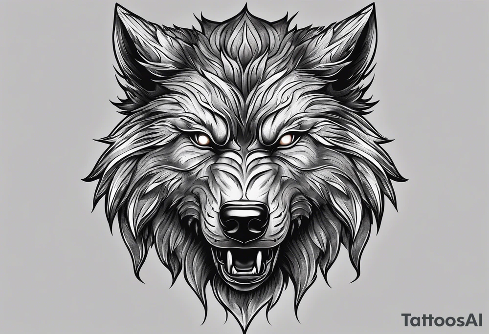 Werewolf face facing forward with a white and black eye very well detailed 
hand tattoo tattoo idea