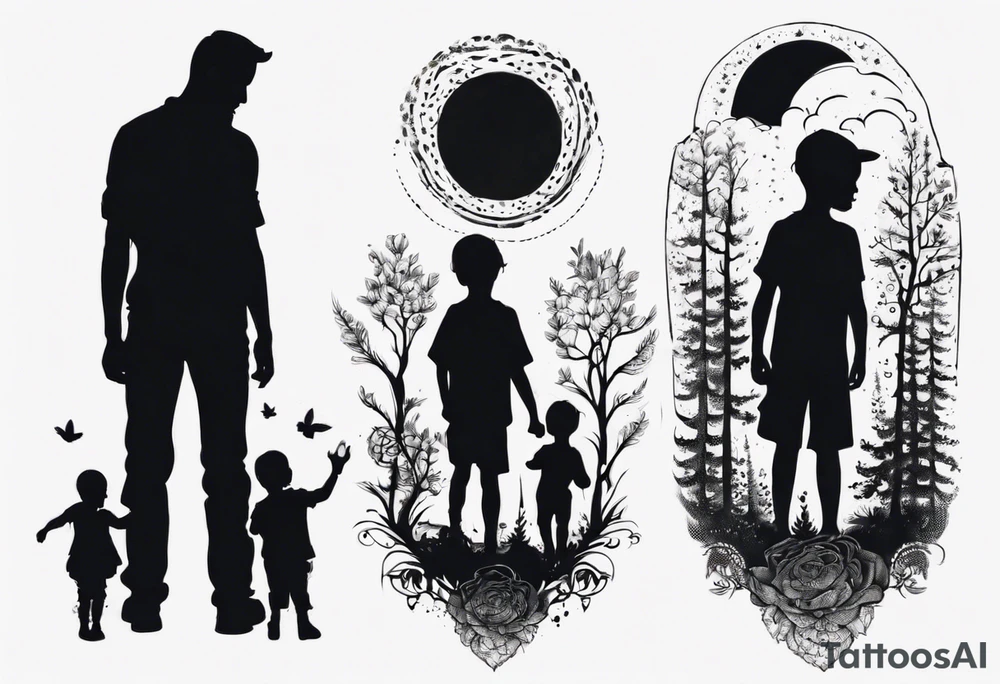 Silhouette of a father with two children tattoo idea
