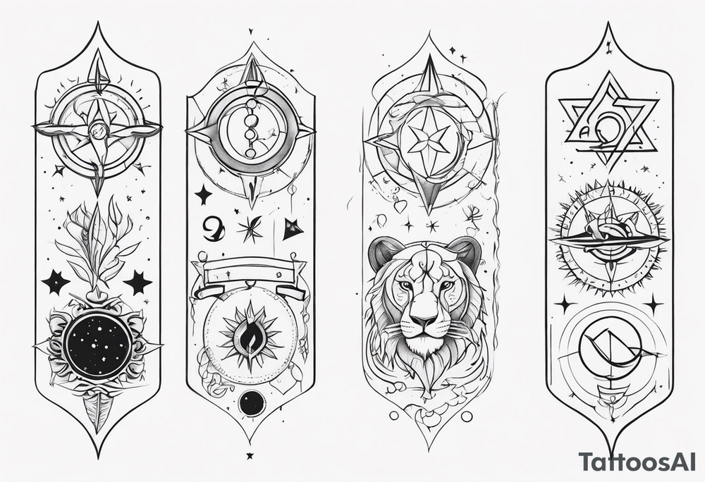 tattoo full sleeve that includes astrologic signs of  cancer, aquarius, lion and sagittarius tattoo idea