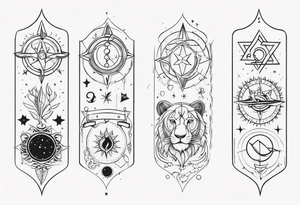 tattoo full sleeve that includes astrologic signs of  cancer, aquarius, lion and sagittarius tattoo idea