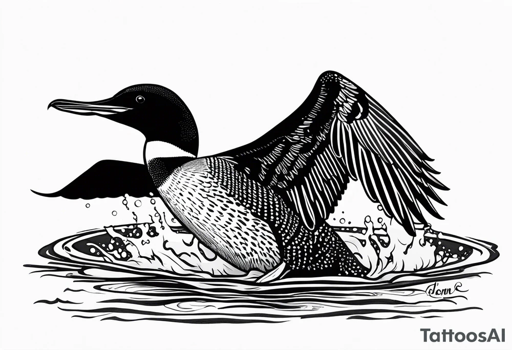 A North American common loon looking majestic as it spreads its wings in the water. On the mid-upper thigh. Don’t have a background. Make sure it is just the loon. The image should be face directly at the loon’s chest. tattoo idea