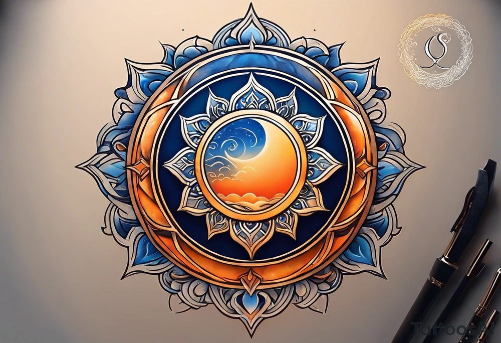 I'd like a tattoo of an orange sun with a blue ohm symbol superimposed on it. The sun should be behind the ohm symbol. tattoo idea