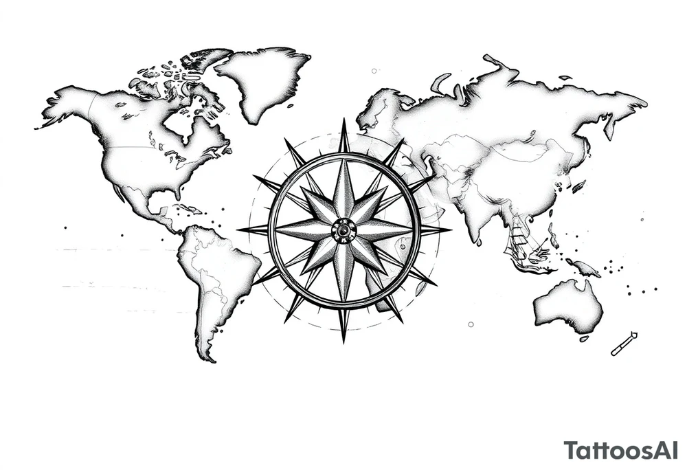 antique compass rose overlaid on weathered world map with sailing ships tattoo idea