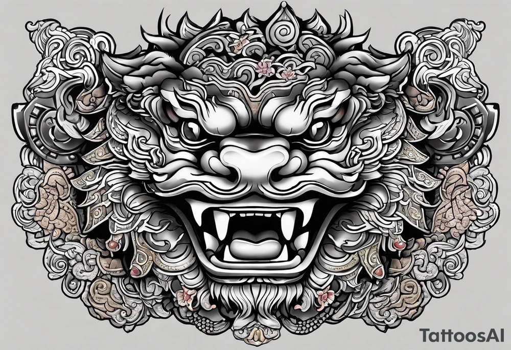 Double pectoral chest piece, of traditional Okinawa shisa. On one side is the male with his mouth open, and the other side, the female with her mouth closed. tattoo idea