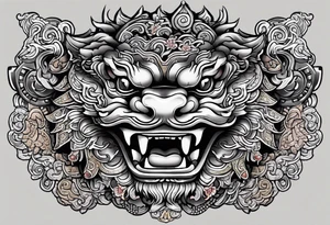 Double pectoral chest piece, of traditional Okinawa shisa. On one side is the male with his mouth open, and the other side, the female with her mouth closed. tattoo idea