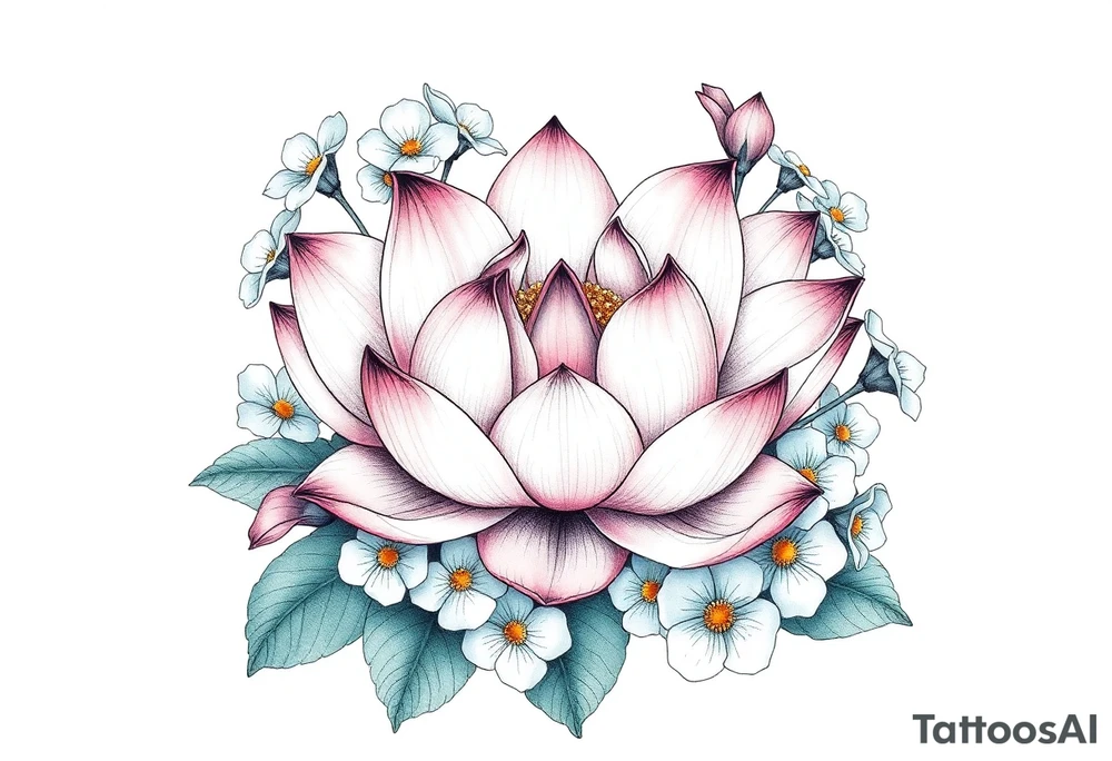 Lotus flower surrounded by forget me nots and peonies tattoo idea