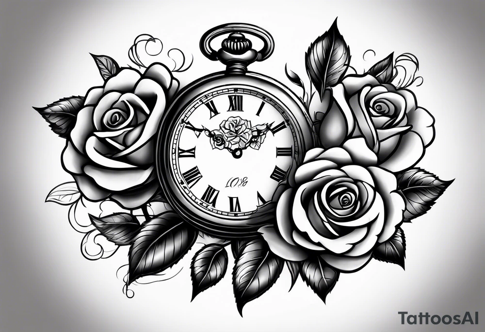 Pocket watch with chain and roses tattoo idea
