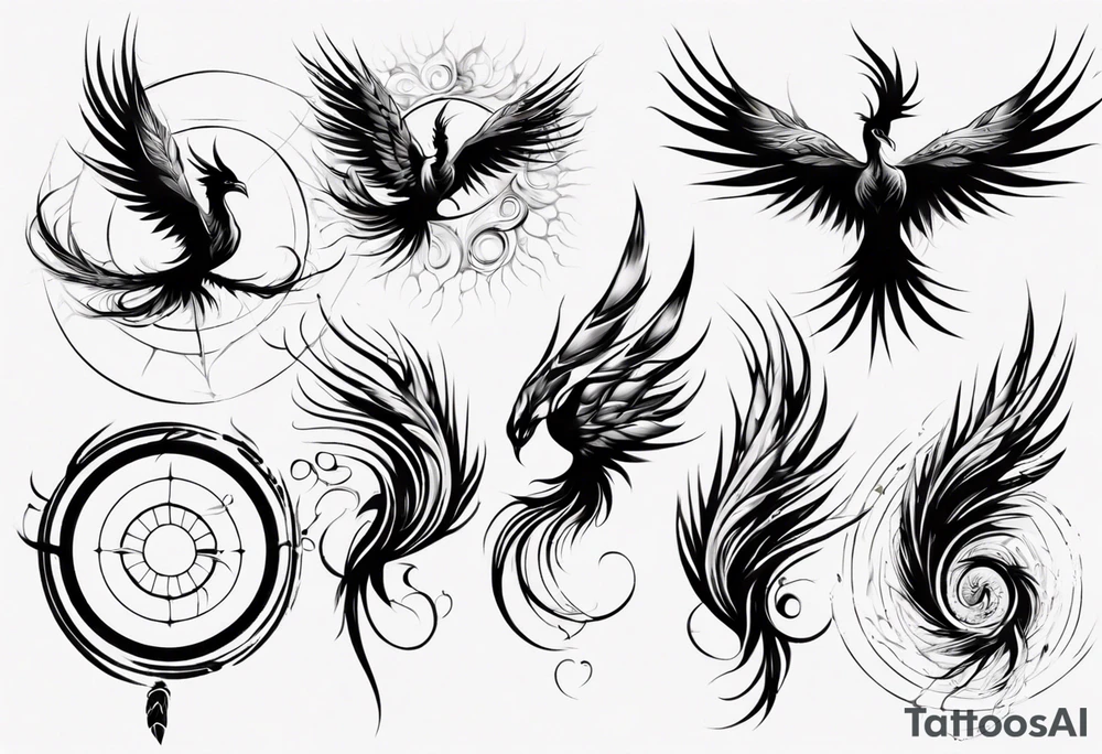 Vertical angry flying Phoenix with wings blending into circles and a long abstract dream catcher feather tail tattoo idea