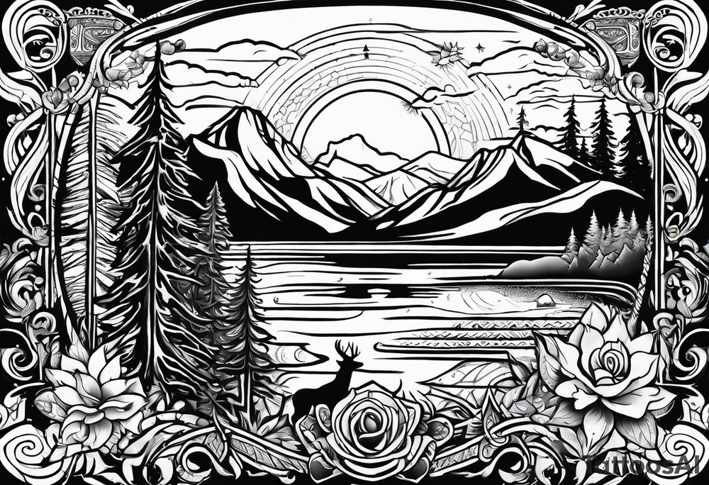 Mexican American inspired Tattoo that incorporates being a father,  love for family and importance of building wealth. Include elements of the Pacific Northwest Forrest on shoulder tattoo idea