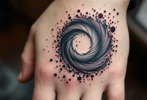 A smoke-gray spiral dissolving into specks of maroon, portraying release and change. tattoo idea