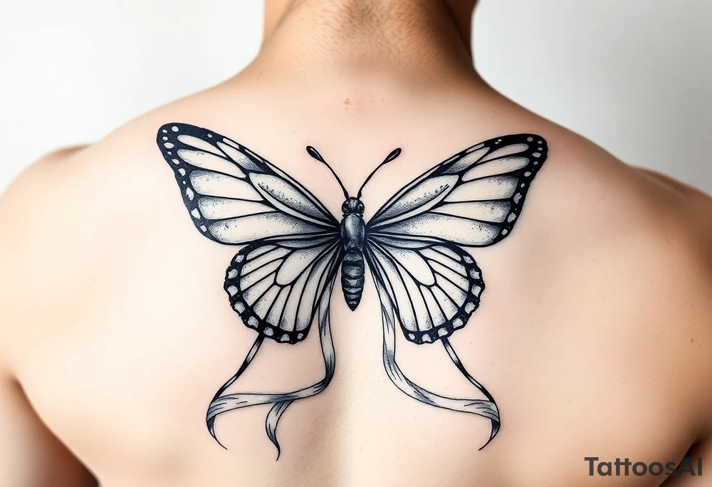 ethereal butterfly with flowing silk ribbons in moonlight tattoo idea