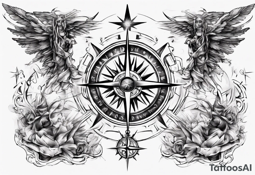 Chest tatoo abstraction with sun and letters and compass and angels tattoo idea