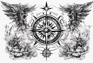 Chest tatoo abstraction with sun and letters and compass and angels tattoo idea