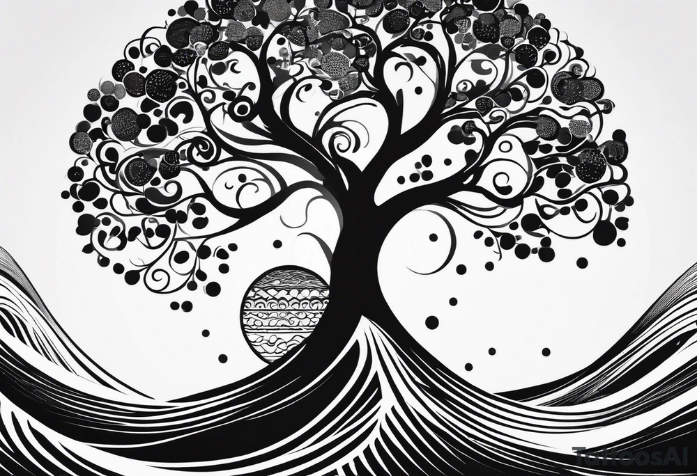 an abstract Tree of life tattoo design. Black and white. It should have roots growing out of the bottom. The roots slowly transform into water waves from the great wave by Hokusai. A golf ball should be placed discreetly. Like in the place of a moon. 2 license plate tags should be hanging from the tree. Place a few music notes. The letters A U should be engraved into the tree trunk in a heart tattoo idea