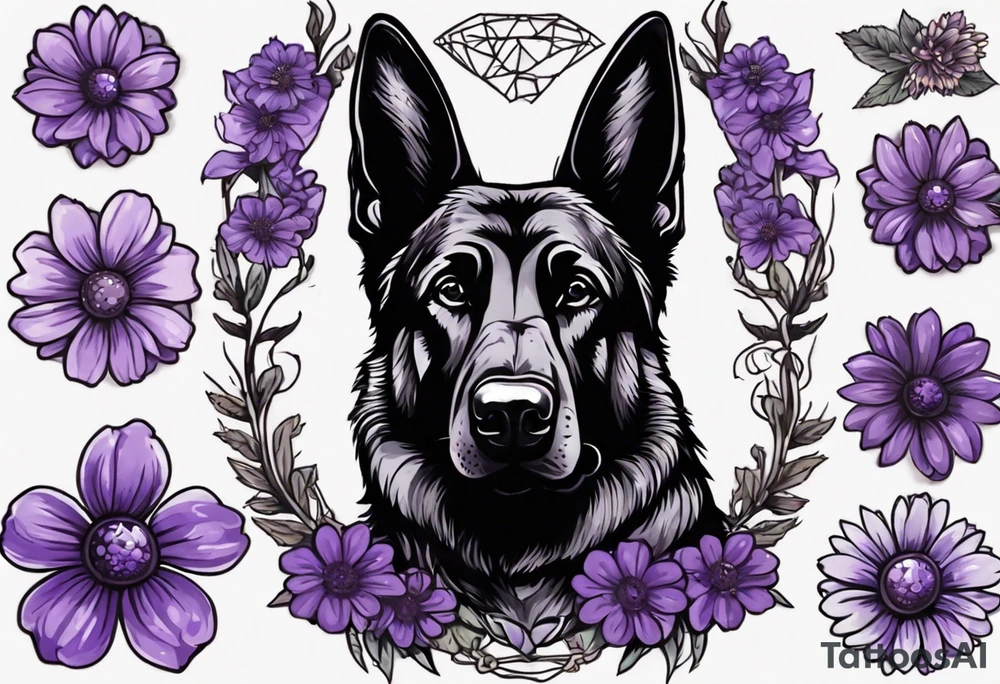 Dark Brown German shepherd portrait surrounded by purple daisies tattoo idea