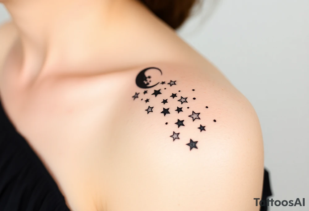 Cascade of stars with moon tattoo idea