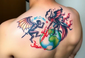 Heaven and hell fighting each other on earth tattoo idea