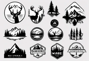 A logo for an outdoors company that includes an "S" and an "M". Includes a mountain, a lake, some trees, and a deer tattoo idea