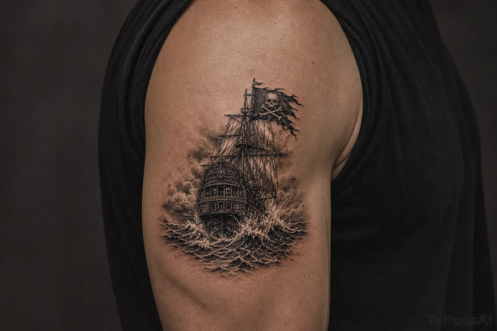 Detailed pirate ship stern, waves crashing over deck, tattered Jolly Roger flag. tattoo idea