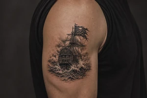 Detailed pirate ship stern, waves crashing over deck, tattered Jolly Roger flag. tattoo idea
