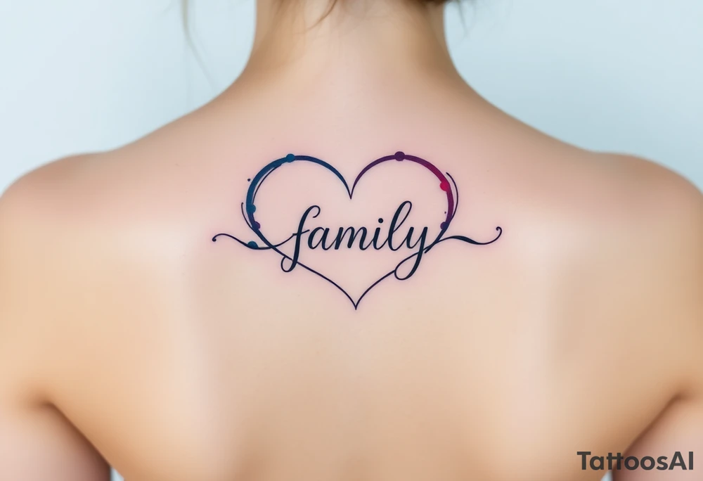 An infinity symbol with a heart-shaped loop, and the word "family" elegantly placed at the center in a soft script tattoo idea
