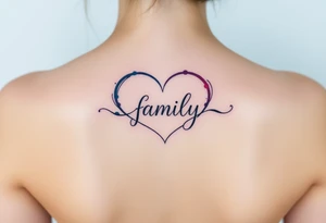 An infinity symbol with a heart-shaped loop, and the word "family" elegantly placed at the center in a soft script tattoo idea