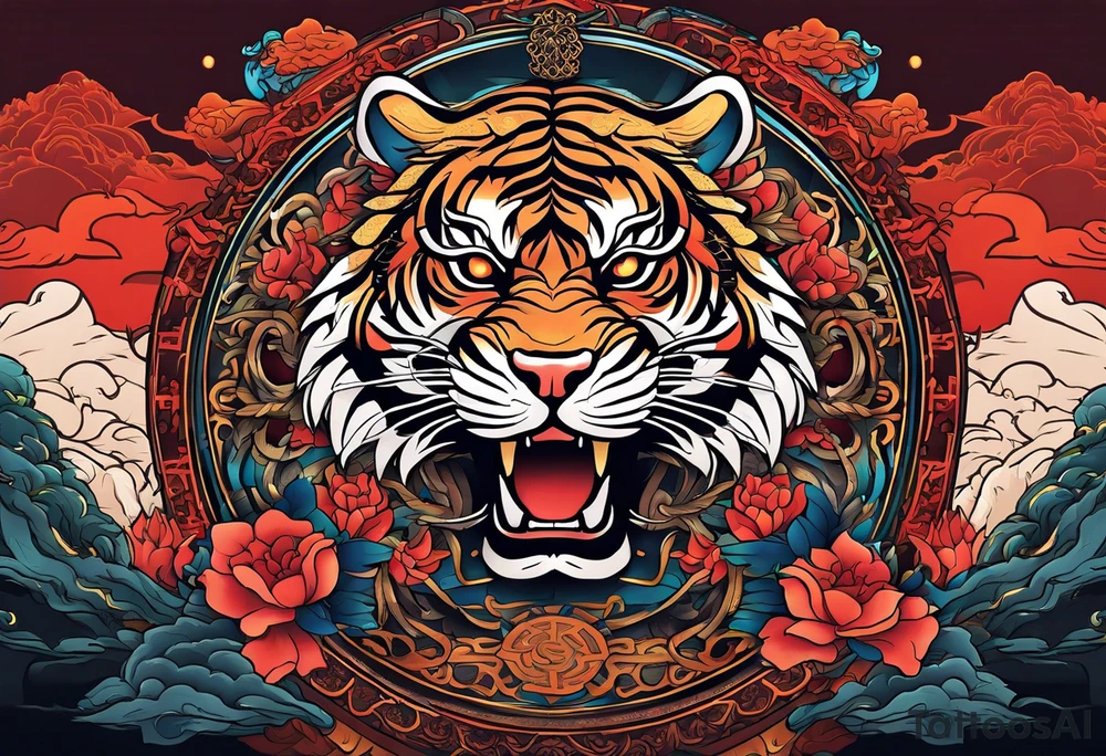 In English:

Create for me a tattoo in the Chinese style featuring a tiger, a rat, a snake, the Great Wall of China, and a temple. tattoo idea