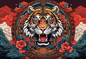 In English:

Create for me a tattoo in the Chinese style featuring a tiger, a rat, a snake, the Great Wall of China, and a temple. tattoo idea