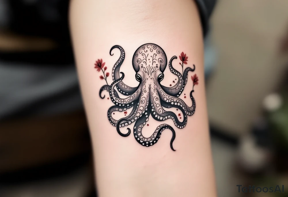A small realistic black and grey tattoo of an octopus, cute, with detailed shading and soft linework, showing the octopus with swirling tentacles, on light skin. ornamental flowers around with red ink. The style is minimalistic and elegant, resembling fine-line tattoo with a shadow tattoo idea