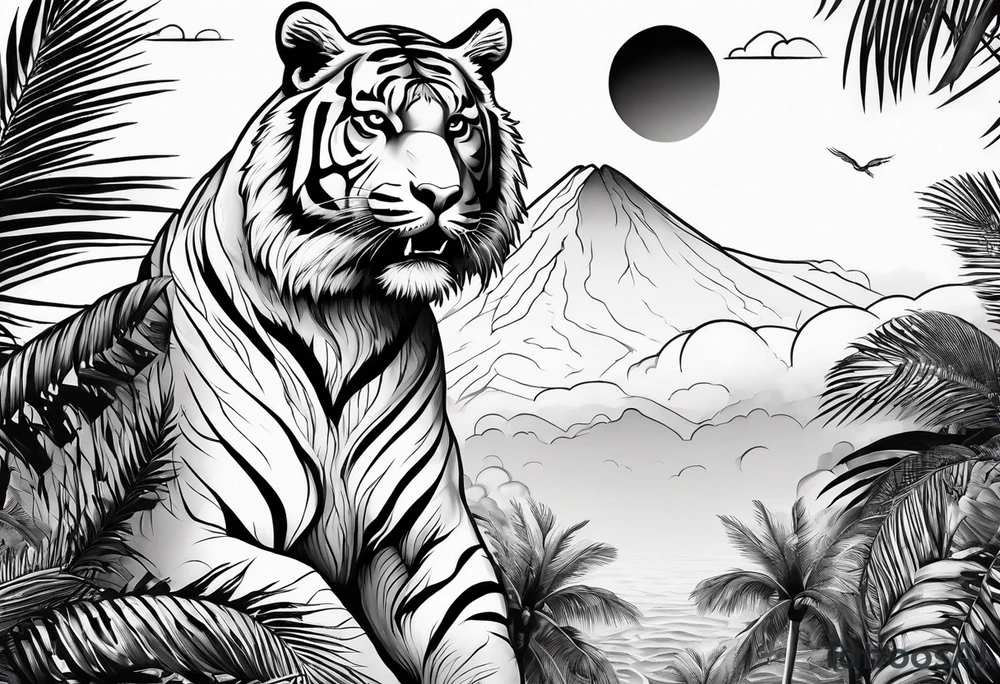 tiger climbing palm tree tattoo idea