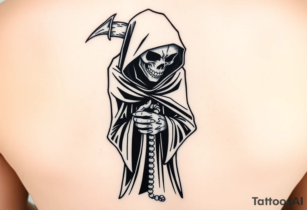 A black-and-white tattoo design of the Grim Reaper. He is standing straight in a geometric art style. His head is bowed, and his hands are clasped in prayer, with rosary beads wrapped around them. He looks down toward the beads tattoo idea