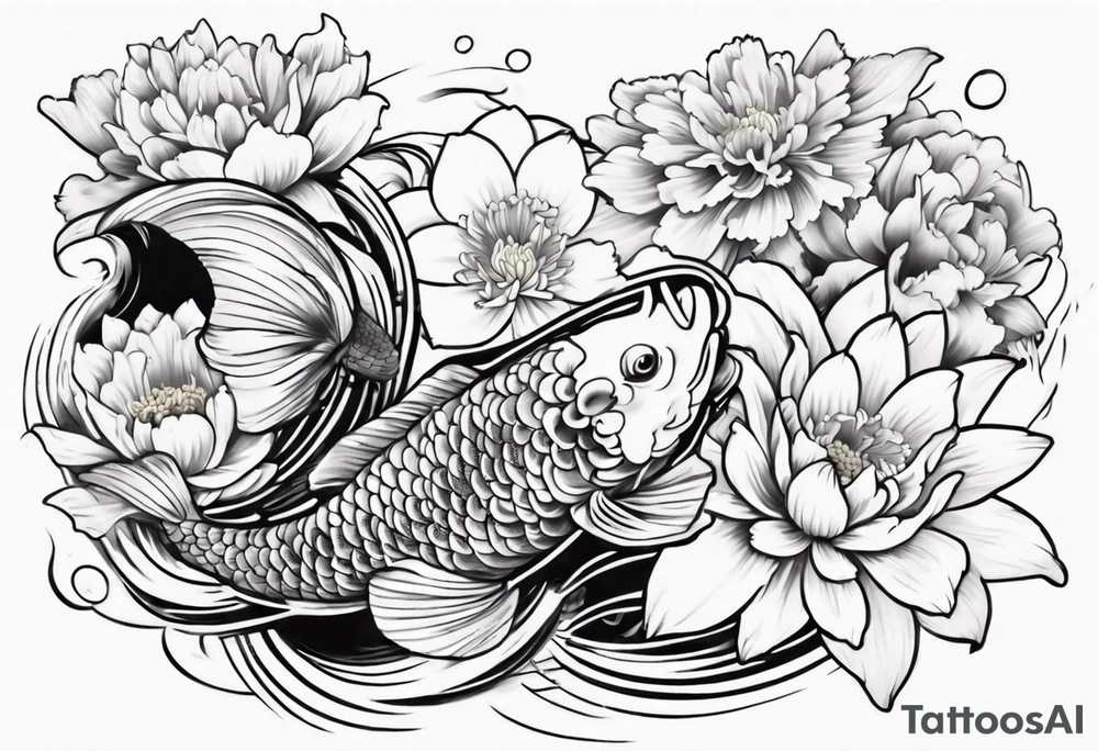 koi fish tattoo Japanese style with daffodils, chrysanthemum and waves as background tattoo idea
