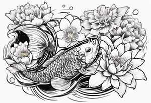 koi fish tattoo Japanese style with daffodils, chrysanthemum and waves as background tattoo idea