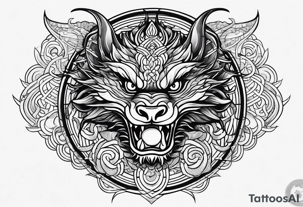 Fierce Chinese dragon black outline with orb tattoo idea