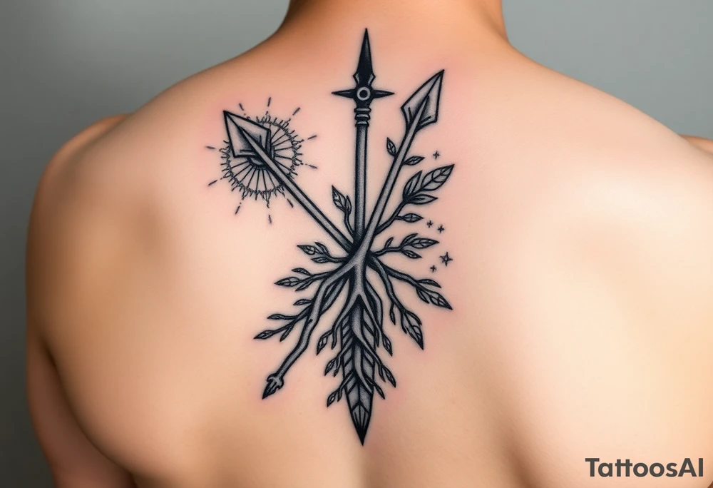 A broken spear with roots growing through it, tribal blackwork style, symbolizing healing through soul, not ego. 
One side traditional tribal pattern (e.g. Polynesian spear motifs), the other cracked but reforged with symbols of soul: leaves, stars, or water. 
The roots at the bottom, the spear at the top, tattoo idea